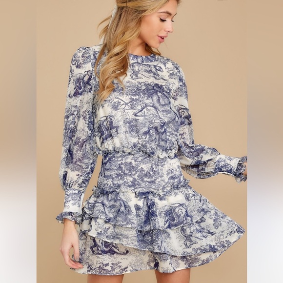 Moodie Wilderness Print Mini Dress M Toile Boho Nature Tiered Balloon Sleeves - Picture 13 of 13